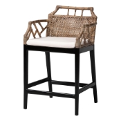 bali & pari Abiel Natural Rattan Counter Stool with Arms and Removable Cushion - Handwoven Wicker Stool with Mahogany Wood Frame, Coastal Boho Seating for Kitchen or Dining Area